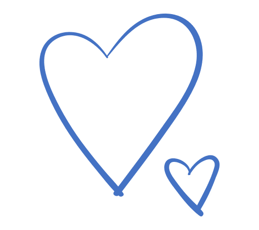 Zwei einfache blaue Herzumrisse, ein großes und ein kleines, nebeneinander auf einem hellgrauen Hintergrund gezeichnet.