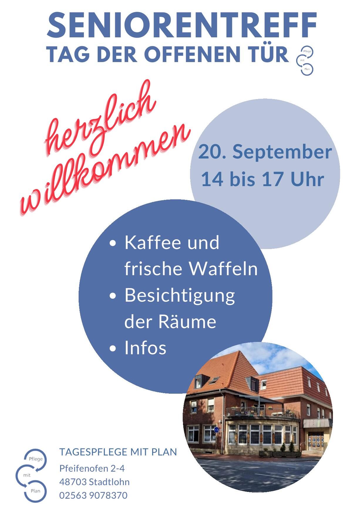 Plakat zum Tag der offenen T&uuml;r der Tagespflege mit Plan am 20. September 2026 von 14 bis 17 Uhr, Pfeifenofen 2-4 in Stadtlohn